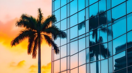 Naklejka premium sunset palm tree reflection on modern building - minimalism