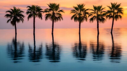 Fototapeta premium sunset palm trees reflection in water - minimalist nature photograp.