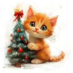  cute little cat playing with a Christmas tree