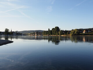 Fototapeta premium Panoramic Rhine River near STEIN AM RHEIN town in SWITZERLAND