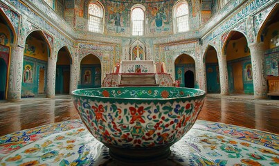 Obraz premium Ornate bowl in colorful, arched cathedral interior with altar, religious murals, and wooden floor.