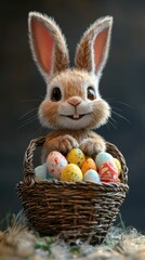Easter hare with a basket of colored eggs