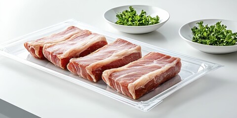 Fototapeta premium Packaged pork belly Raw meat cuts with fresh herbs on a white surface