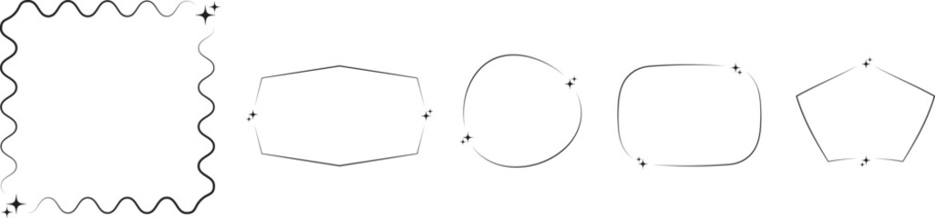 Set of sparkling hand-drawn frames in geometric circle, square, pentagon, hexagon, oval shapes for magic and whimsical illustration design
