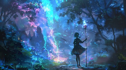 A young girl in a forest with glowing blue and purple magical energy in the sky.