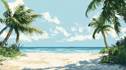 Obraz premium Serene Tropical Beach, tranquil shoreline, gentle waves lapping, palm trees dancing in soft breeze, inviting relaxation and escape