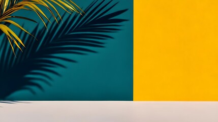 teal yellow minimalist palm leaf shadow - minimalism