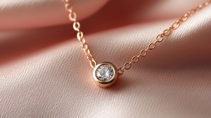 Fototapeta premium Delicate gold necklace with a small diamond pendant, resting on a blush pink background, feminine and chic.