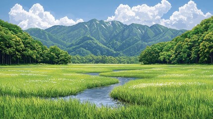 Fototapeta premium Serene Landscape: Picturesque Meadow, Winding River, Majestic Mountains, and Tranquil Sky