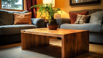 Handmade wooden coffee table in a warm setting