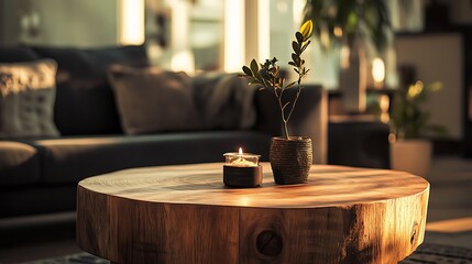 Handmade wooden coffee table in a warm setting