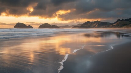 Obraz premium Serene Sunrise on a Tranquil Beach, soft golden light illuminating gentle waves, inviting calm and reflection in the early morning.