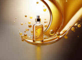 A glass bottle of golden serum sits within a wave of liquid, surrounded by shimmering bubbles.  The image evokes luxury and skincare.