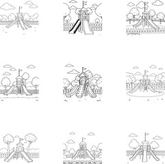 Vector illustration set of funny playground scene hand drawn for kids coloring page