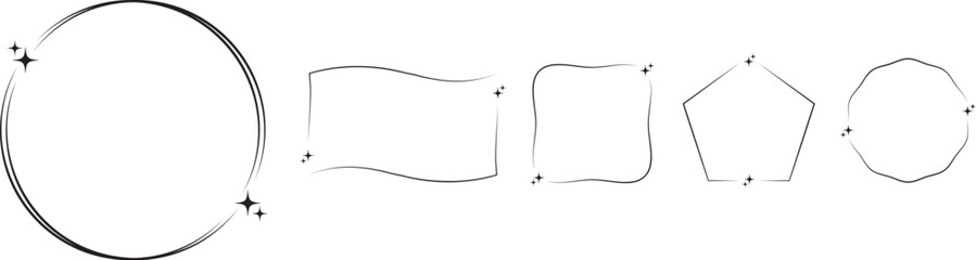 Set of sparkling hand-drawn geometric frames with circle, square, pentagon, octagon, rectangle shapes for design and illustration