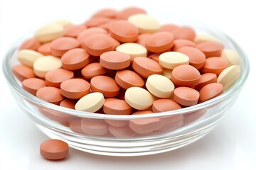 Pills in glass bowl on white.