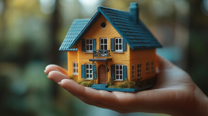 Realtor, broker, businessman is holding a small house for sale, buying or renting real estate, a hand on a nature background. Concept purchase of a new house, sale of real estate