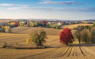 Polish Countryside in Autumn, Poland Autumnal landscape with castle and red tree.