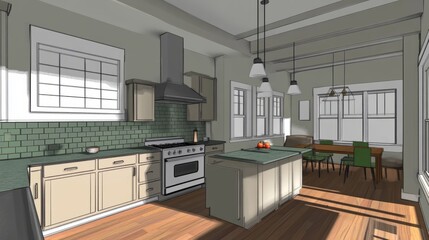 A 3D render of a Scandinavian-style kitchen with grey walls, green tiled backsplash, and an open, airy layout that emphasizes simplicity and functionality.