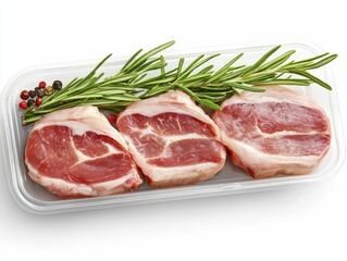 Fototapeta premium Packaged pork belly Fresh pork chops with rosemary and peppercorns displayed.