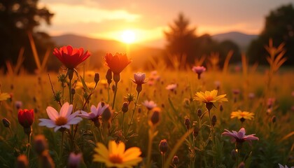 Fototapeta premium A serene summer landscape showcasing a vibrant meadow filled with blooming flowers in warm hues. The sun rises over gentle hills, casting a peaceful glow under a vast sky with soft clouds.
