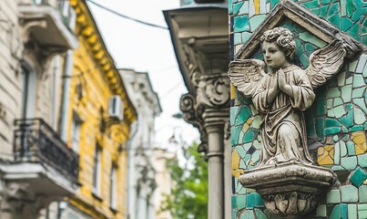 Fototapeta premium Praying angel statue on mosaic tile wall, urban background.