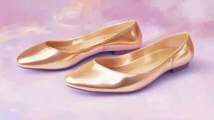 Golden ballet flats on a pastel lavender background, soft and feminine.