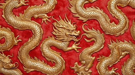 Fototapeta premium Intricate Golden Dragon Patterns on Vibrant Red Background