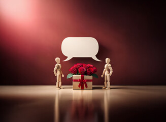Two wooden figures stand before a gift box filled with red roses and a blank speech bubble, set against a dark red background.  A subtle spotlight highlights the scene.