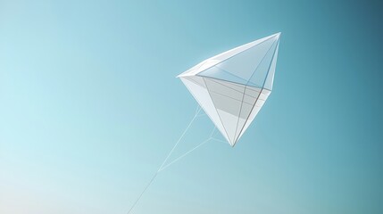 A minimalist kite flies gracefully against a clear blue sky, showcasing its geometric design and evoking a sense of freedom and joy.