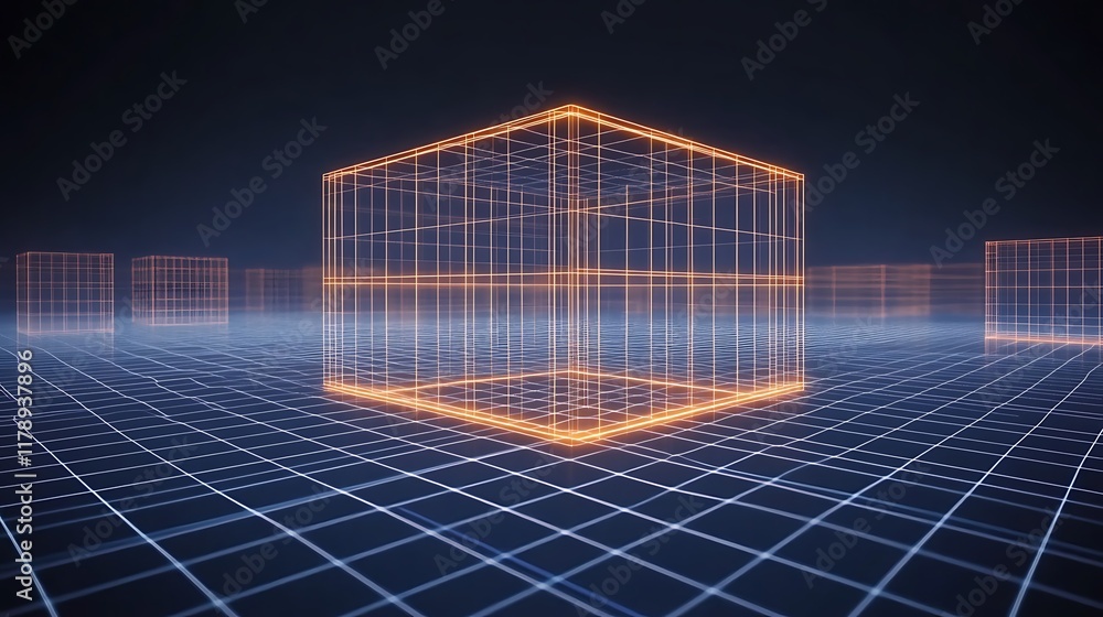 Poster glowing wireframe cube on gridded surface