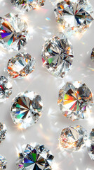 Fototapeta premium Wallpaper featuring numerous diamonds with abundant reflections and refractions on a white background,