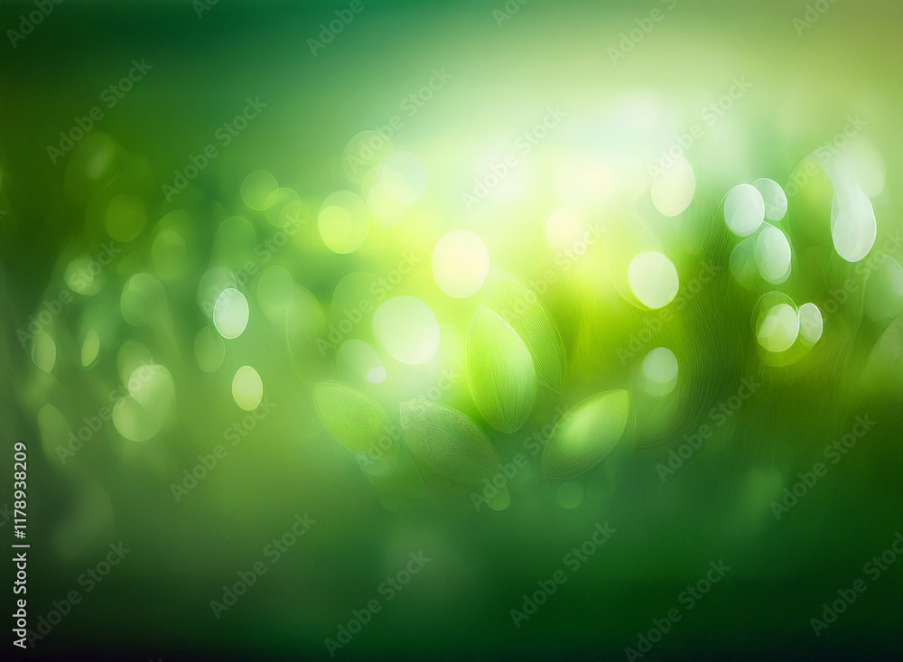 Poster abstract image of blurred green foliage, sunlight filtering through leaves creating bokeh effect. so