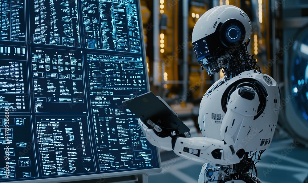 Aufkleber robot analyzes data on digital screen in futuristic lab.