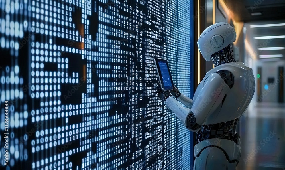 Poster robot analyzing data on digital screen in modern office corridor.