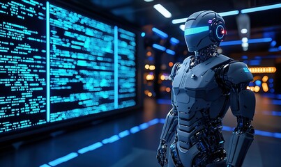 Robot analyzing code on screen in tech lab.