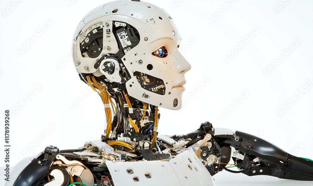 Poster robot head and torso with exposed mechanics on white background, for technology concepts.