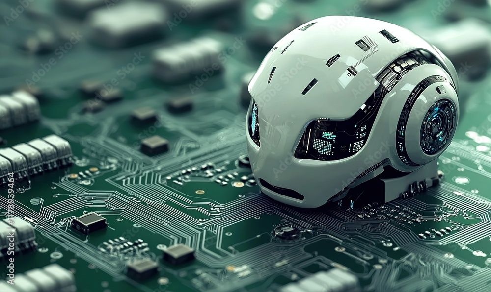 Poster robot head on circuit board, symbolizing ai and advanced technology.