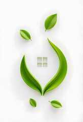 Obraz premium abstract 3D leaves growing and forming House symbol on white background, creative eco friendly environment home, future green energy real estate residential business, clipart style