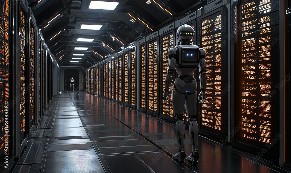 Poster robot monitors server room in futuristic data center with glowing servers.