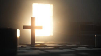 Naklejka premium A minimalist depiction of the resurrection, with a simple wooden cross and a bright light shining behind it, symbolizing hope and new beginnings.