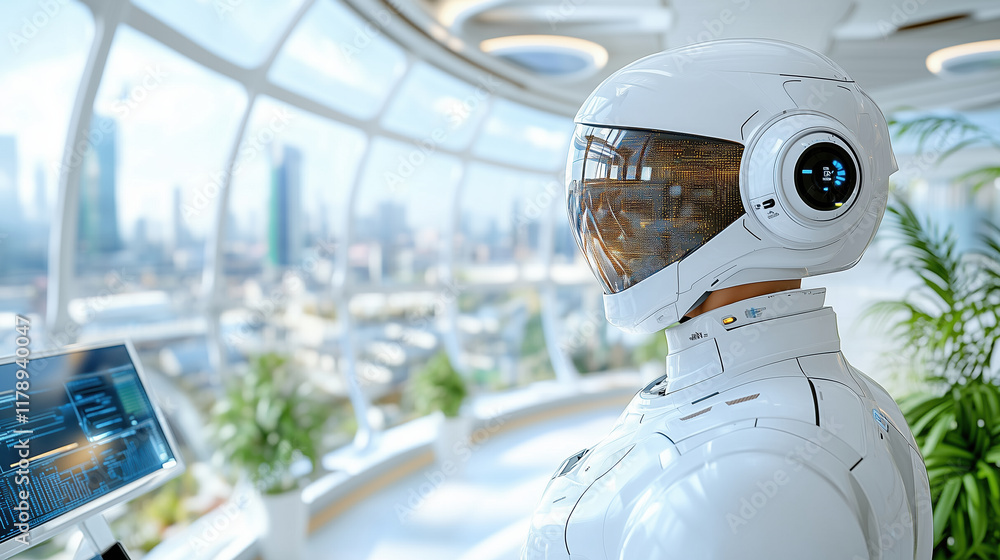 Poster futuristic robot in tech lab with city view, showcasing advanced design
