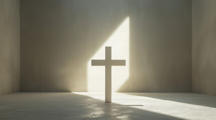 Naklejka premium A minimalist depiction of the resurrection, with a simple wooden cross and a bright light shining behind it, symbolizing hope and new beginnings.
