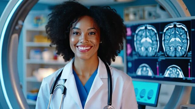 A doctor wearing a white lab coat is staring at a CT scan on a computer screen.