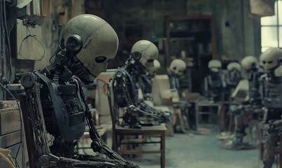 Fototapeta premium Robots sit in chairs in a workshop, awaiting activation or repair.