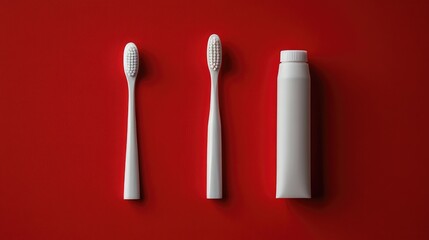 Minimalist setup of a white toothbrush and tube of toothpaste, arranged on a bold red background.