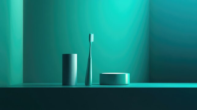 Minimalist setup of a toothbrush and toothpaste on a smooth teal gradient background.