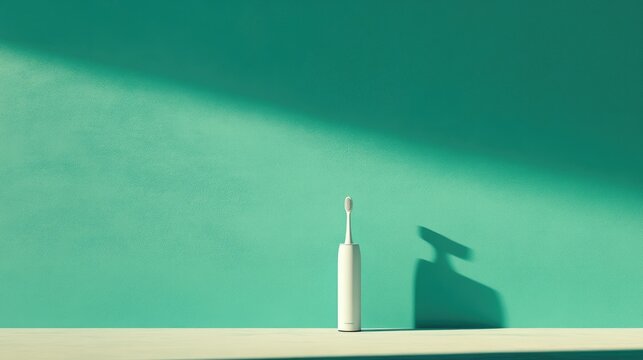 Minimalist setup of a toothbrush and toothpaste on a smooth teal gradient background.