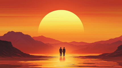 Romantic couple holding hands at sunset over serene landscape