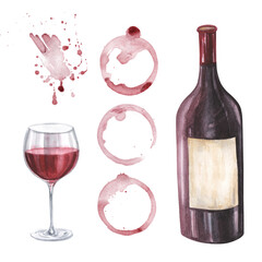 Watercolor illustration food. Glass and bottle of red wine and splashes, stains. Composition For menu, cafe, restaurant. Isolated on white background